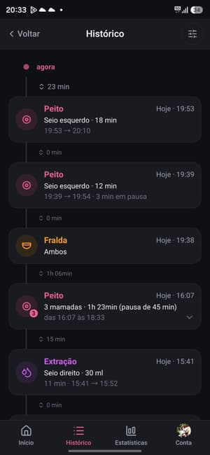 Linha do tempo do histórico com registros de mamada, fralda e extração, mostrando o tempo desde o último registro