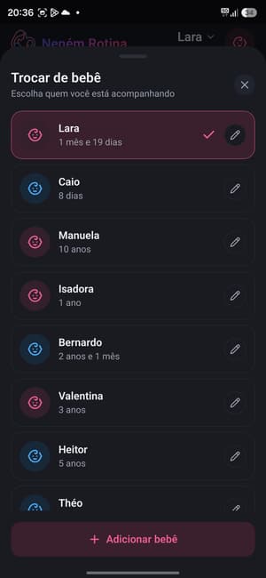 Tela de troca de bebê listando várias crianças cadastradas na mesma conta, cada uma com nome e idade